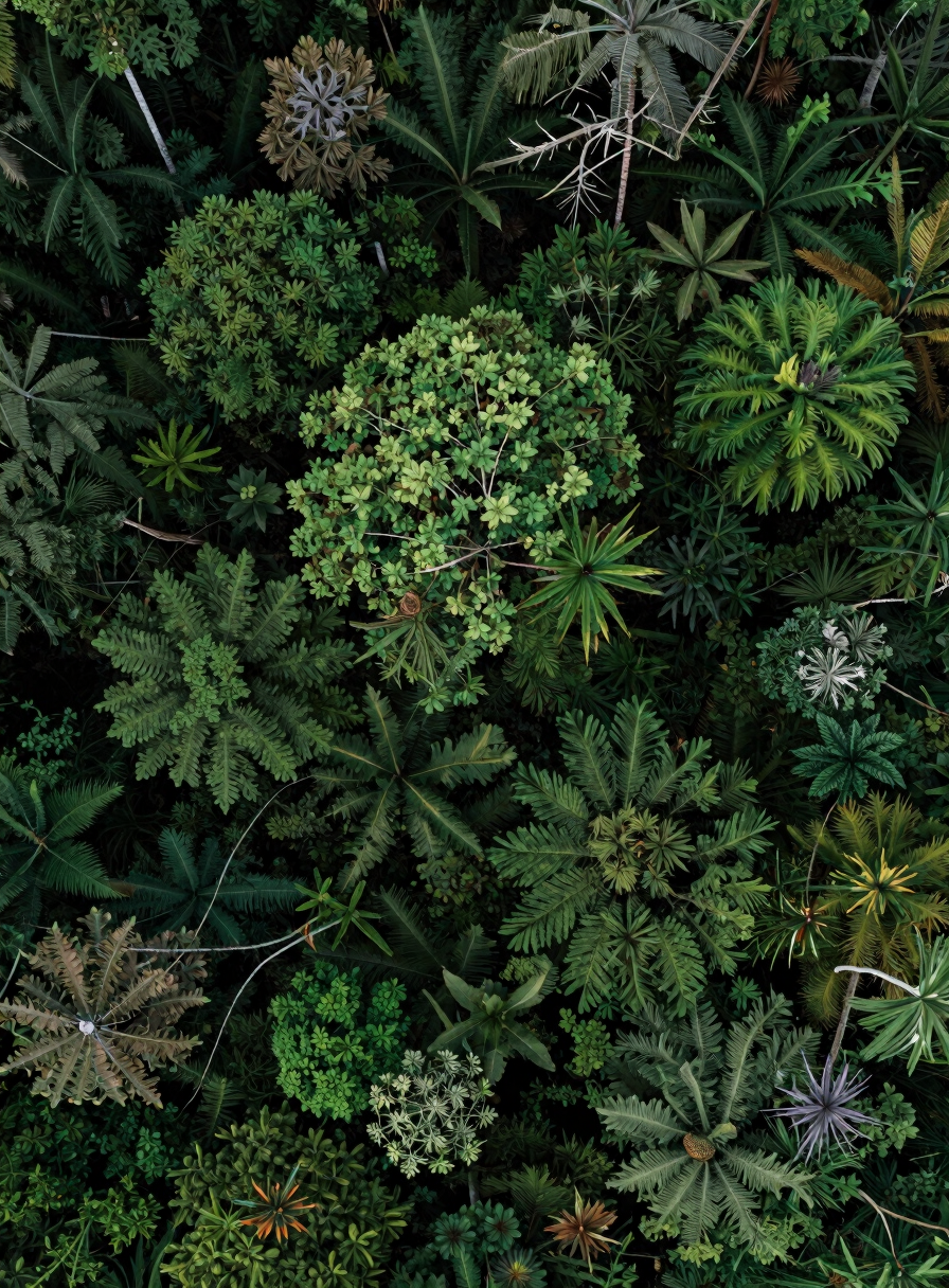 High-altitude satellite orthophotography of an intact tropical forest canopy, deep green textures, cool lighting, top-down perspective.