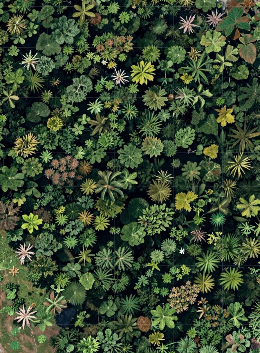 Top-down satellite orthophotography of massive, contiguous tropical canopy, cool daylight, geometric grid overlay.